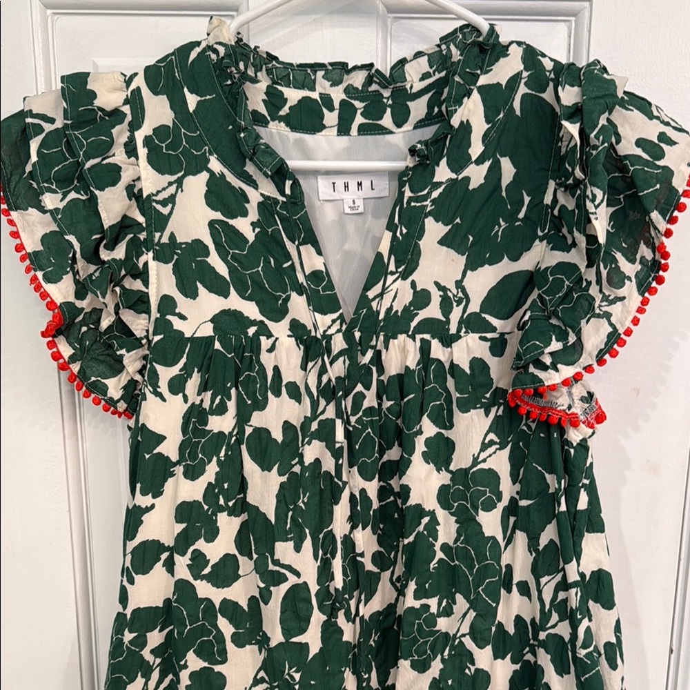 THML Green and White Flutter Sleeve dress